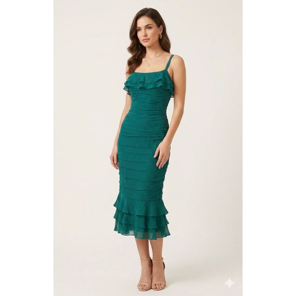 Gilar VTG Green Chiffon Silk Mermaidcore Whimsical Flounce Strap Dress 8 -Stain